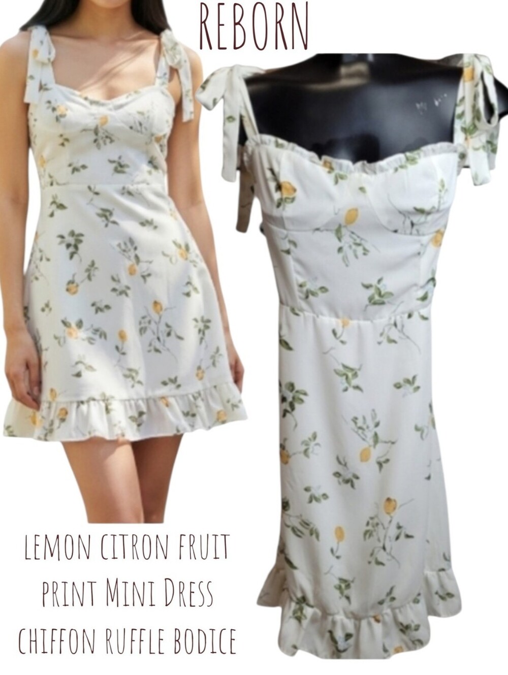 REBORN Women's citron fruit print Mini Dress chiffon ruffle bodice Babydoll M